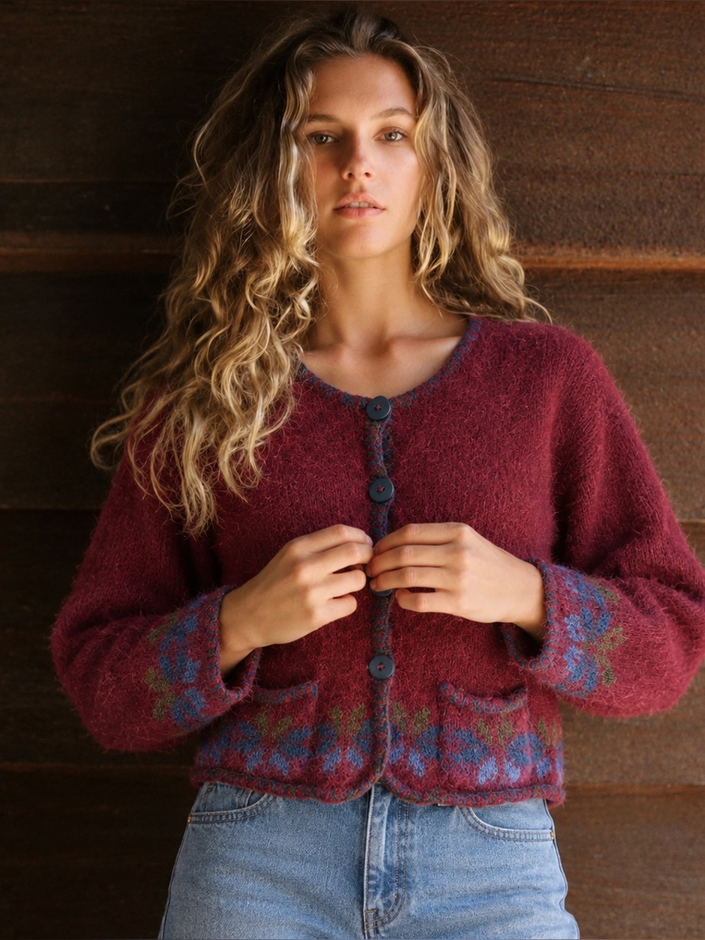 Vintage 80s 100% Alpaca Burgundy Boho Folk Floral Hand Knit Sweater Cardigan